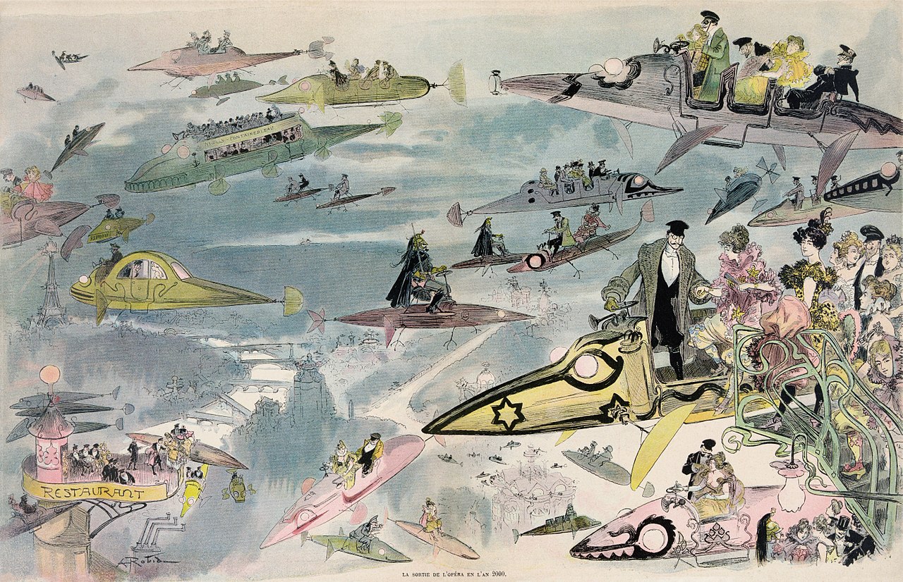 La Sortie de l'opéra en l'an 2000. Print shows a futuristic view of air travel over Paris as people leave the Opera. Many types of aircraft are depicted including buses and limousines, police patrol the skies, and women are seen driving their own aircraft