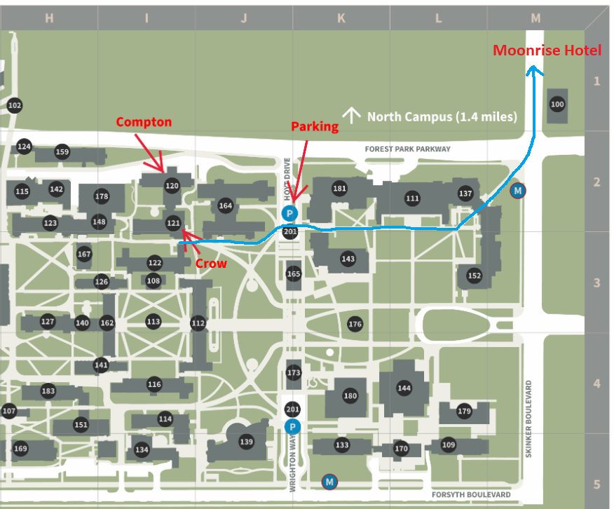 Map of east end of Danforth Campus