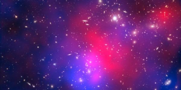 Visible light exposure of galaxy cluster Abell 2744 from NASA/ESA Hubble Space Telescope and ESO's Very Large Telescope, X-ray data from NASA's Chandra X-ray Observatory & math reconstruction of dark matter location. D. Coe & J. Merten/ESO/NASA/ESA/CXC