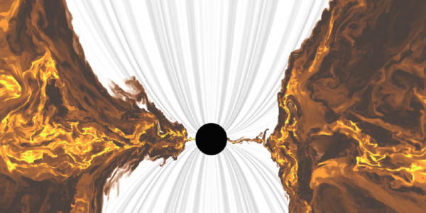 Simulation of the magnetic field threading the black hole and confined by orbiting gas (adapted from Ripperda et al. 2022) | From SCEECS