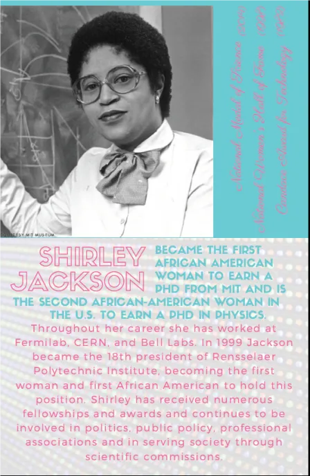 Shirley Jackson became the first African American woman to earn a PhD from MIT and is the second African American woman in the U.S. to earn a PhD in physics