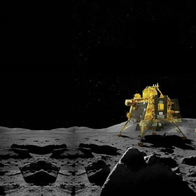 Chandrayaan-3 and lunar rover on the moon's surface with Earth in the distance