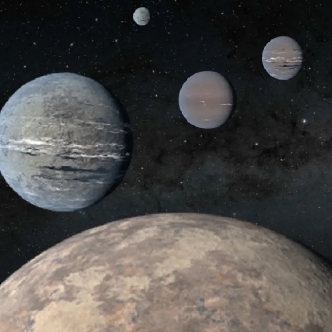 An artist’s rendering of five planets orbiting TOI-1233, four of which were discovered using the Transiting Exoplanet Satellite Survey (TESS), an MIT-led NASA mission.