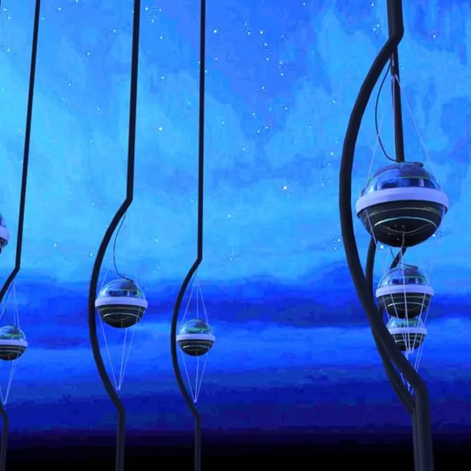 An illustration shows what the interior of IceCube might look like without the ice. (Image: © Jamie Yang, IceCube Collaboration)