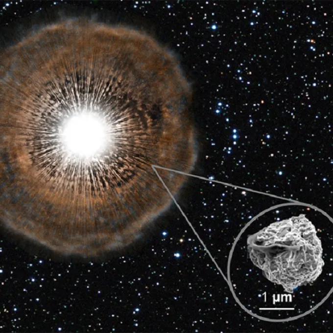 An electron microscope image of a micron-sized silicon carbide stardust grain. The grain is coated with meteoritic organics. 