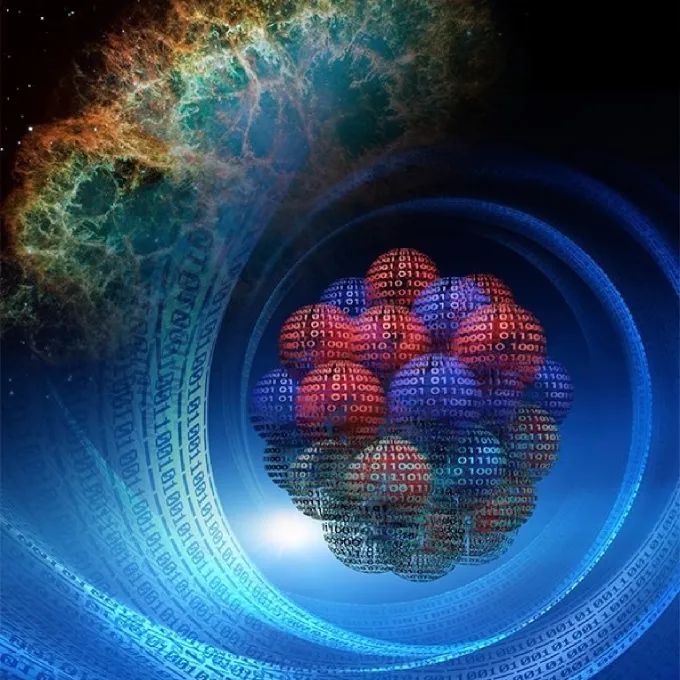 Conceptual art connects the atomic underpinnings of the neutron-rich calcium-48 nucleus with the Crab Nebula, which has a neutron star at its heart. Zeros and ones depict the computational power needed to explore objects that differ in size by 18 orders o